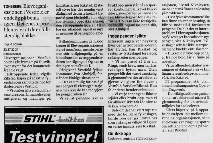 Artikkelutdrag fra Tønsbergs Blad om Elevorganisasjonen i Vestfold og utilgjengelige midler