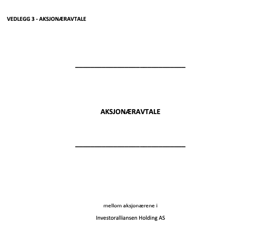 Forside – aksjonæravtale for InvestorAlliansen Holding AS