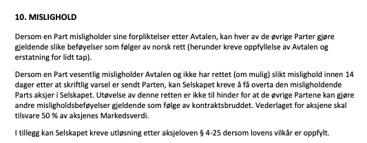 Aksjonæravtale § 10 – mislighold