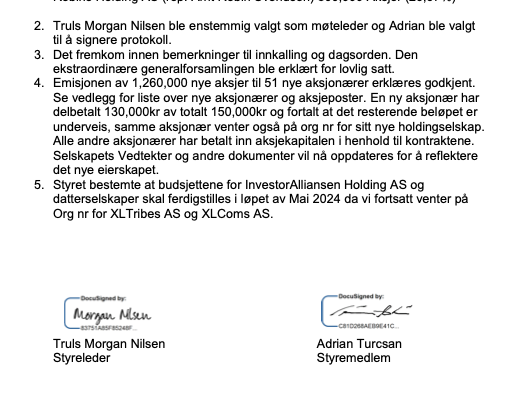 Protokoll fra ekstraordinær generalforsamling i InvestorAlliansen, 6. mai 2024