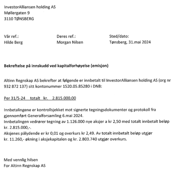 Bekreftelse på innskudd ved kapitalforhøyelse fra Altinn Regnskap AS, 31. mai 2024